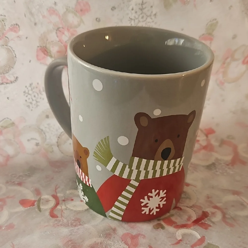 Gray Mug with Red and Green Bear Design From Crate & Barrel